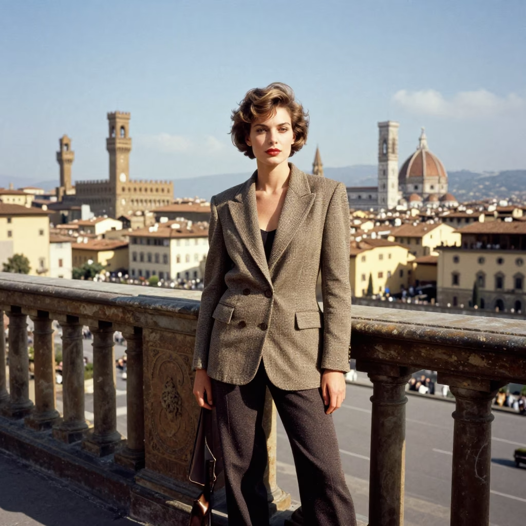 High Fashion Portrait of Elegant Woman in Sunlit Florence Piazza with Vintage Details in in Florence, Italy