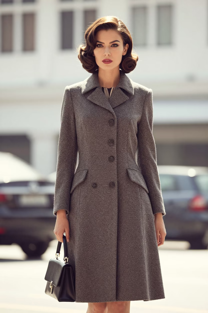 High Fashion Portrait of Elegant Woman in Vintage 1950s Kuala Lumpur Street Scene in in Kuala Lumpur, Malaysia