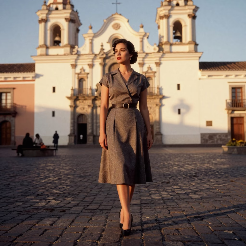High Fashion Portrait of Elegant Woman in Vintage 1950s Quito Ecuador Evening Light in in Quito, Ecuador