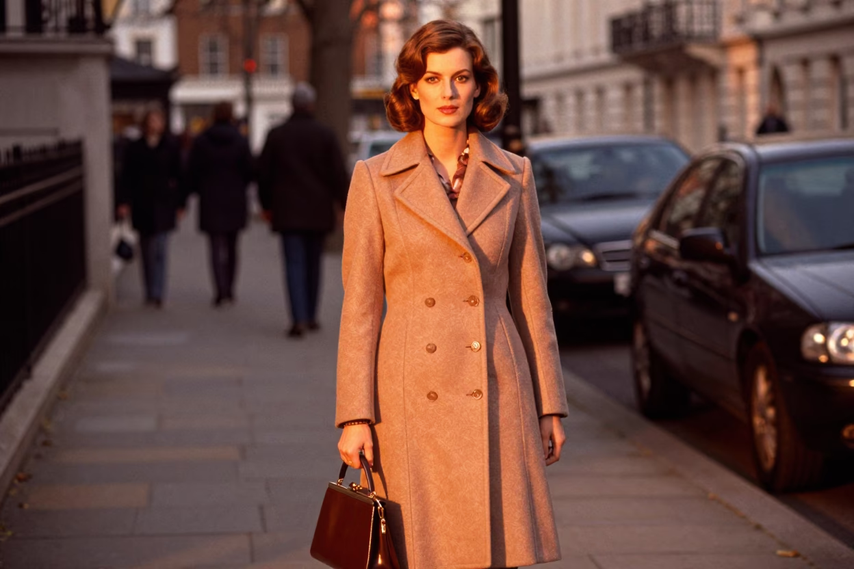 High Fashion Portrait of Elegant Woman in Vintage Coat on London Street at Dusk in in London, United Kingdom