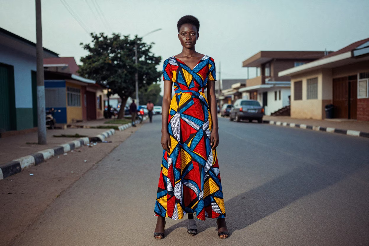 High Fashion Portrait of Ghanaian Model in Bold 1960s Accra Streetwear Before Sunrise in in Accra, Ghana