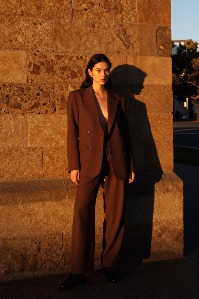 High Fashion Portrait of Model Against Sunlit Stone Wall in Hobart Tasmania at Sunset in in Hobart, Tasmania, Australia