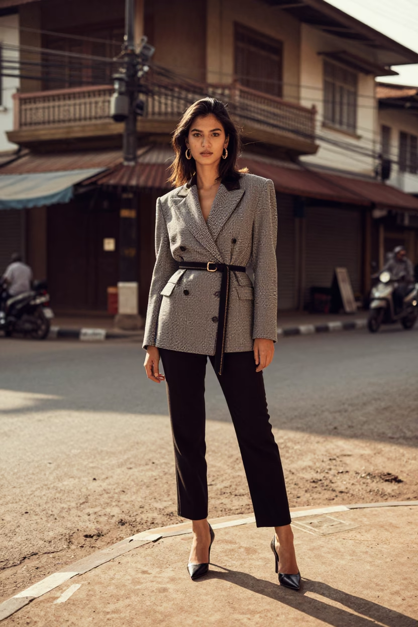 High Fashion Portrait of Model in 1980s Phnom Penh Street Scene in in Phnom Penh, Cambodia