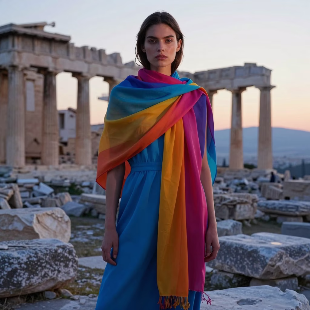 High Fashion Portrait of Model in Colorful Scarf Against Ancient Athens Ruins at Dawn in in Athens, Greece