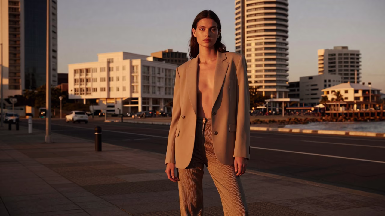High Fashion Portrait of Model in Durban Coastal Breeze During Golden Hour in in Durban, South Africa