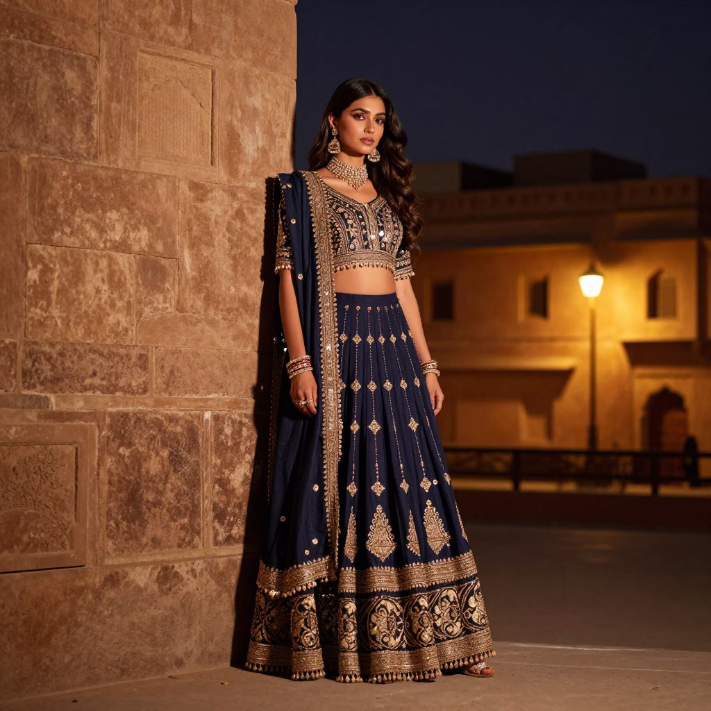 High Fashion Portrait of Model in Jaipur Evening with Traditional Architecture and City Lights in in Jaipur, India