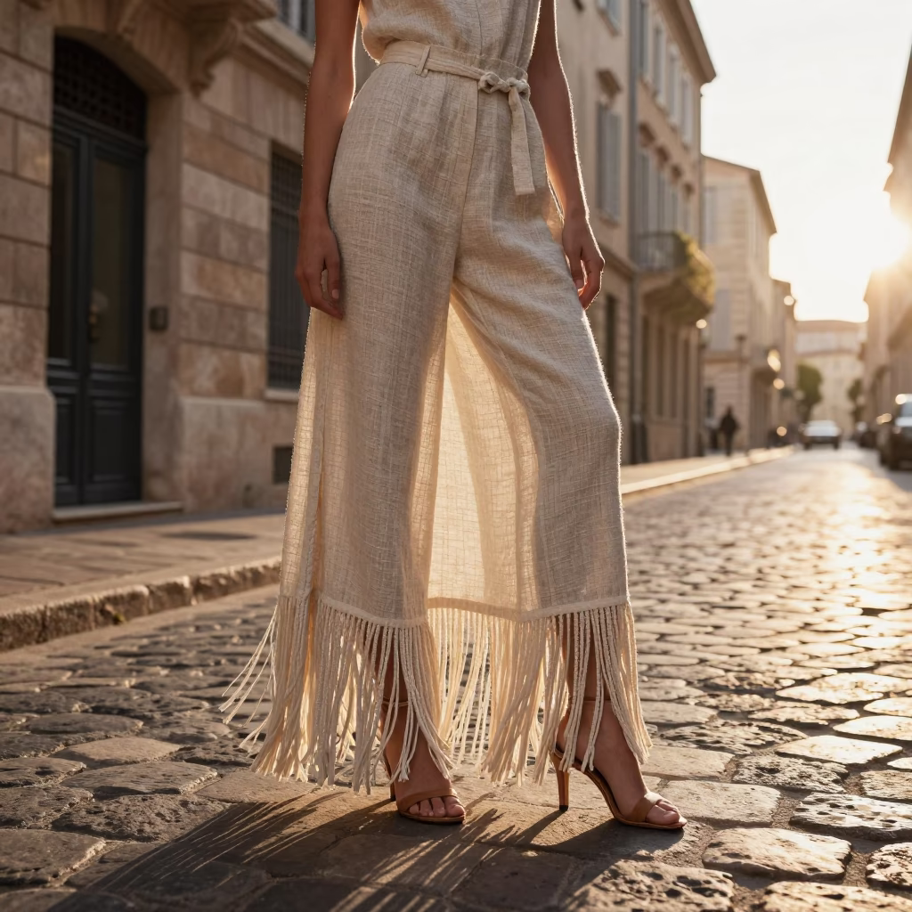 High Fashion Portrait of Model in Linen Fringe Outfit Near Marseille Drain After Sunrise in in Marseille, France