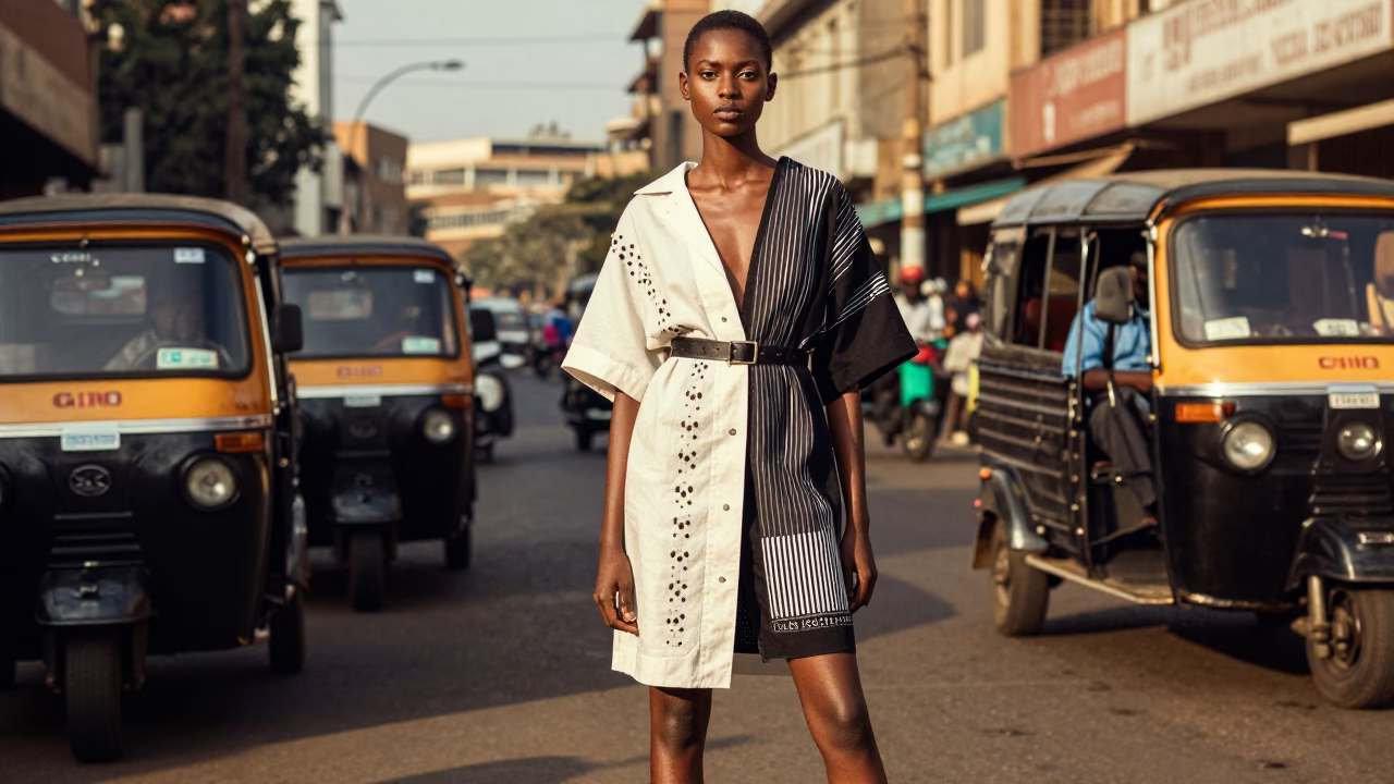 High Fashion Portrait of Model in Nairobi Kenya Late Afternoon Light Street Scene in in Nairobi, Kenya