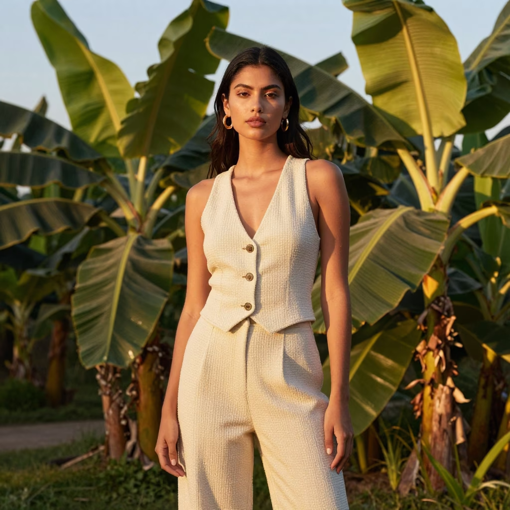 High Fashion Portrait of Model in Oaxaca Late Afternoon Light with Banana Plantation Background in in Oaxaca, Mexico