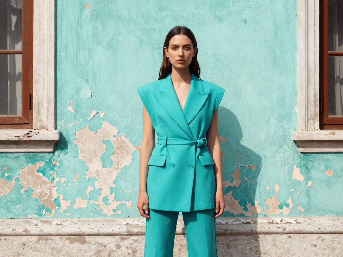 High Fashion Portrait of Model in Peeling Turquoise Ottoman Building Istanbul Midmorning in in Istanbul, Turkey