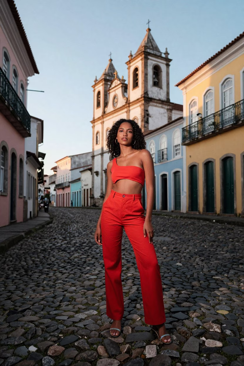 High Fashion Portrait of Model in Salvador Brazil First Light Street Style in in Salvador, Brazil