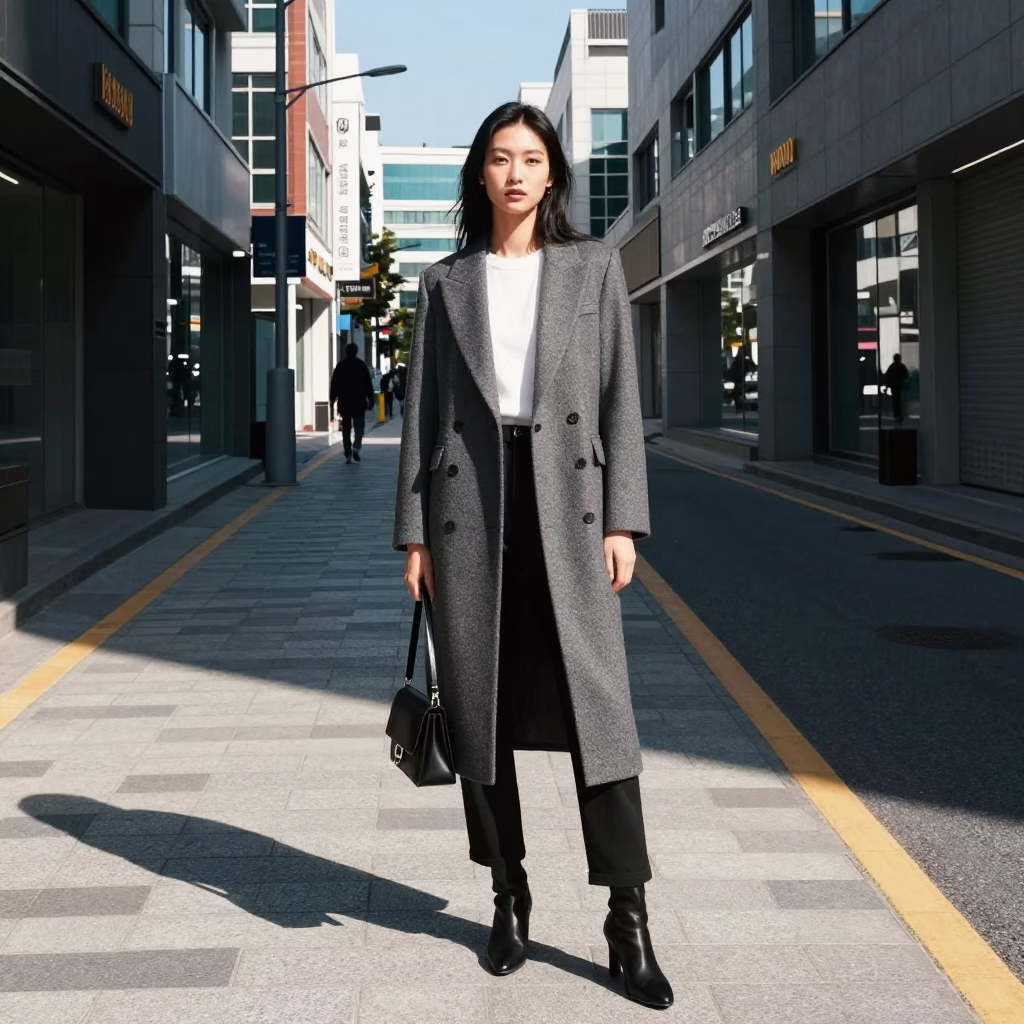 High Fashion Portrait of Model in Seoul Gangnam District Under Flat Noon Sunlight in in Seoul, South Korea