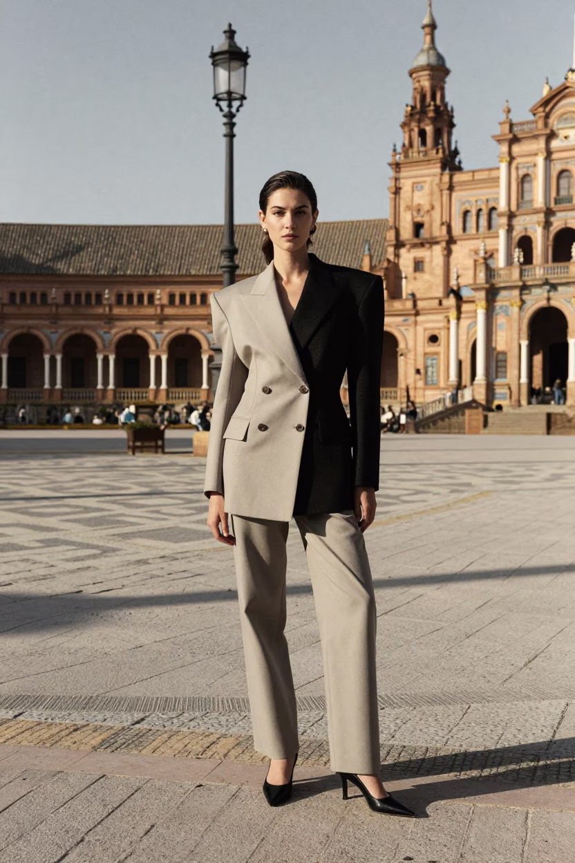 High Fashion Portrait of Model in Seville Plaza Late Morning Sunlight in in Seville, Spain