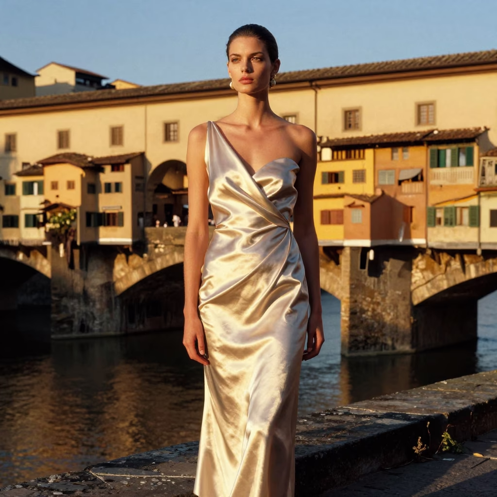 High Fashion Portrait of Model in Silk Dress Against Historic Florence Cathedral Sunset Backdrop in in Florence, Italy