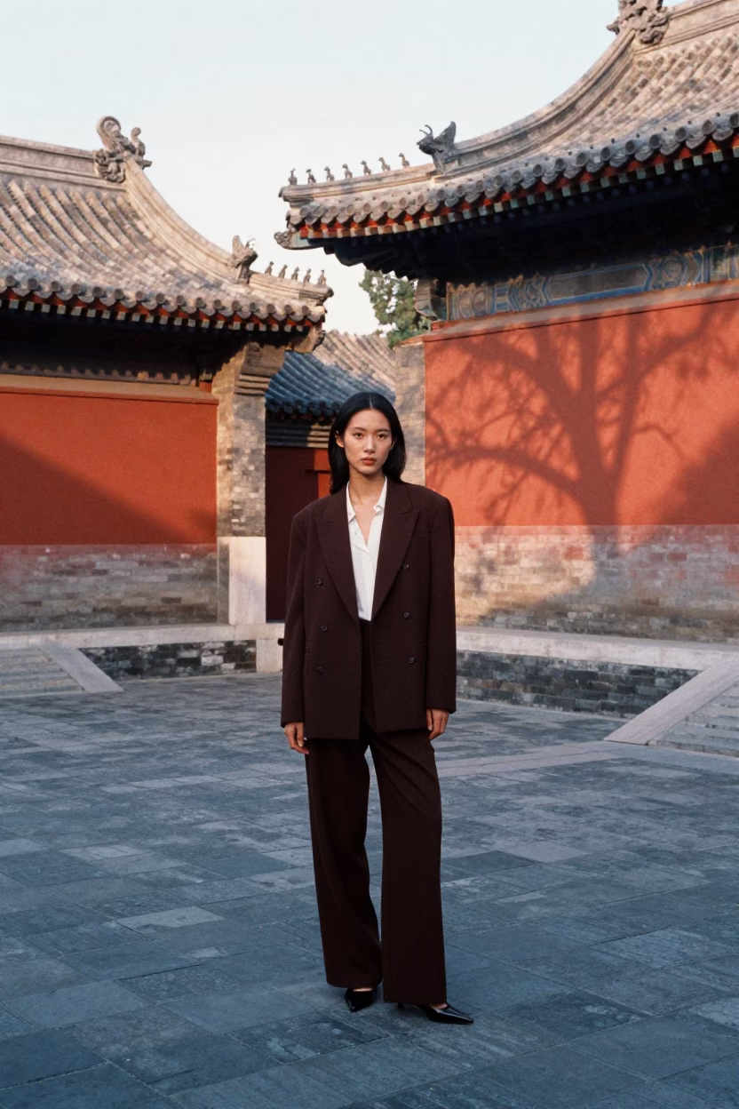 High Fashion Portrait of Model in Traditional Courtyard at Sunrise in Beijing China in in Beijing, China