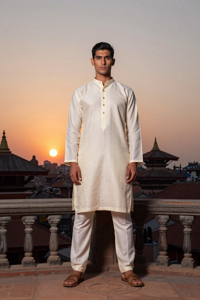 High Fashion Portrait of Model in Traditional Kurta Against Kathmandu Sunset Skyline in in Kathmandu, Nepal
