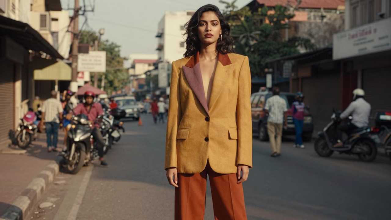High Fashion Portrait of Model in Vintage 1980s Chennai Street Fashion with Mango Lassi in in Chennai, India