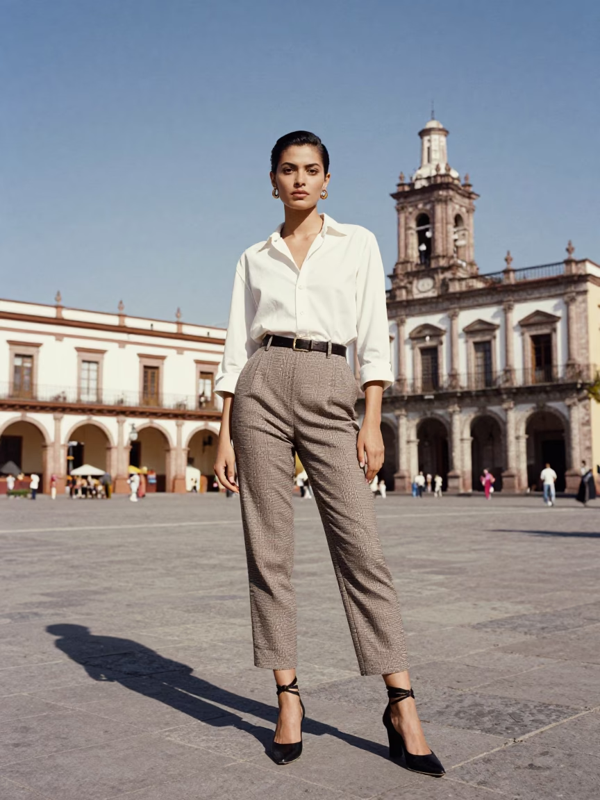 High Fashion Portrait of Model in Vintage 1980s Merida Mexico Plaza at Noon in in Merida, Mexico