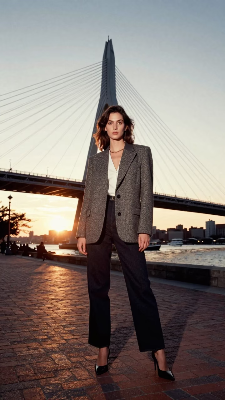 High Fashion Portrait of Model in Vintage Boston Streetwear at Sunset Near Charles River in in Boston, Massachusetts, United States