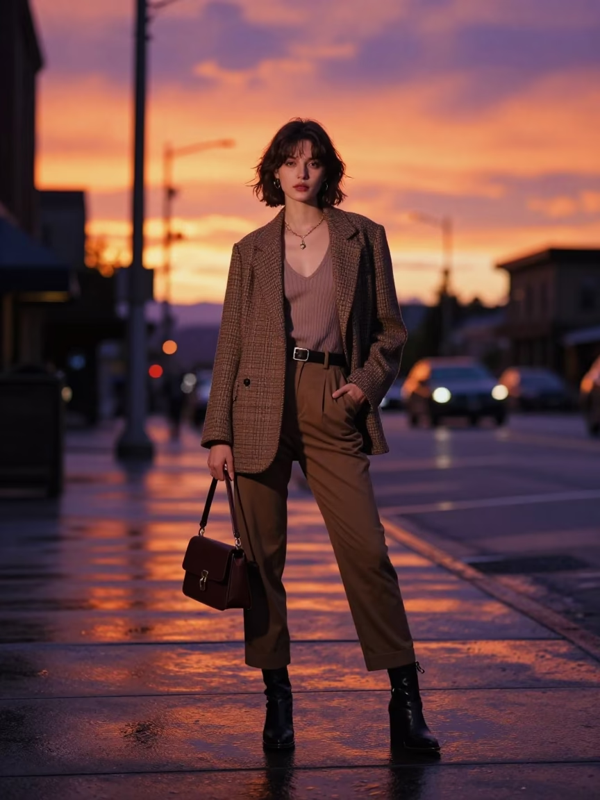 High Fashion Portrait of Model in Vintage Seattle Sunset Street Style in in Seattle, Washington, United States