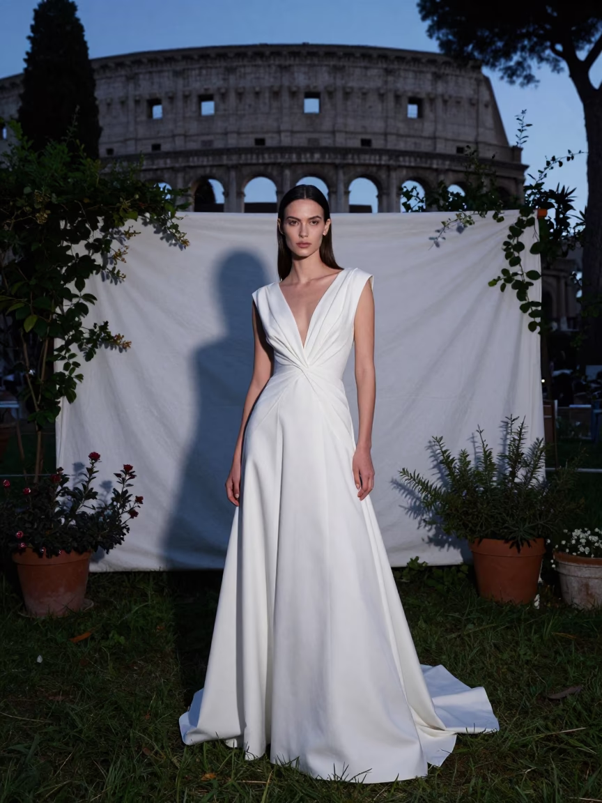 High Fashion Portrait of Model in White Gown with Bougainvillea in Pre-Dawn Rome in in Rome, Italy