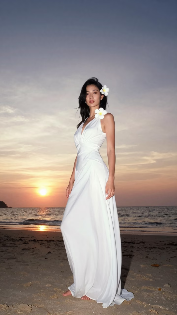 High Fashion Portrait of Model in White Plumeria Petals Against Phuket Sunset Horizon in in Phuket, Thailand