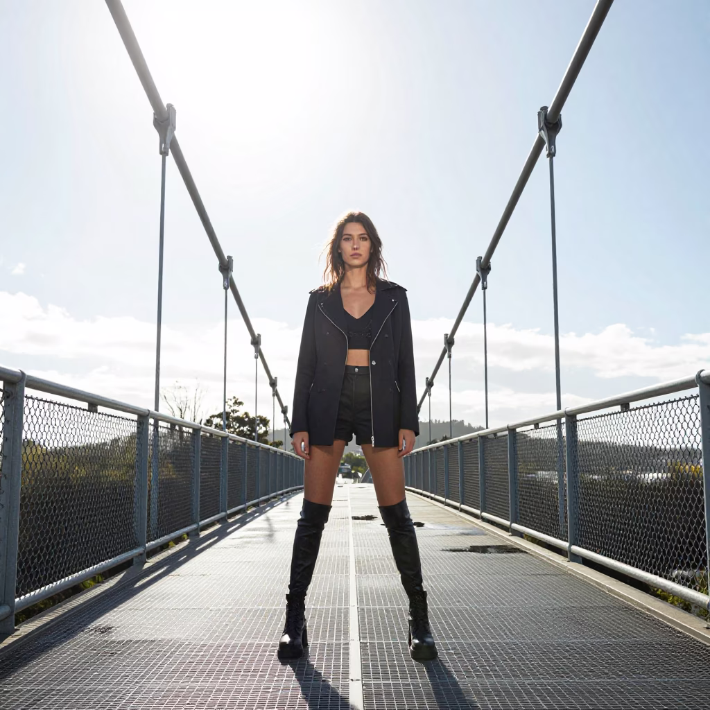 High Fashion Portrait of Model Near Christchurch Suspension Bridge Under Noon Sun in in Christchurch, New Zealand