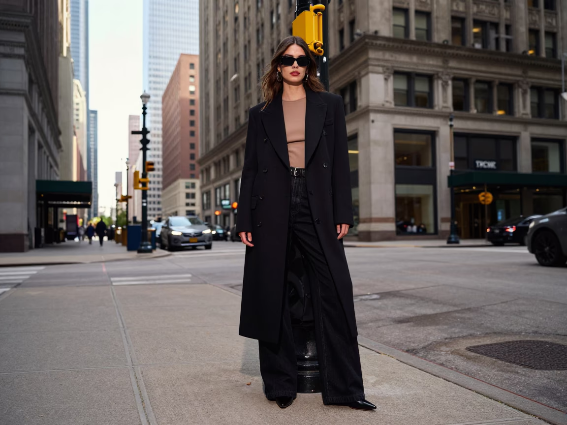 High Fashion Portrait of Model on Chicago Street Corner at First Light in in Chicago, Illinois, United States
