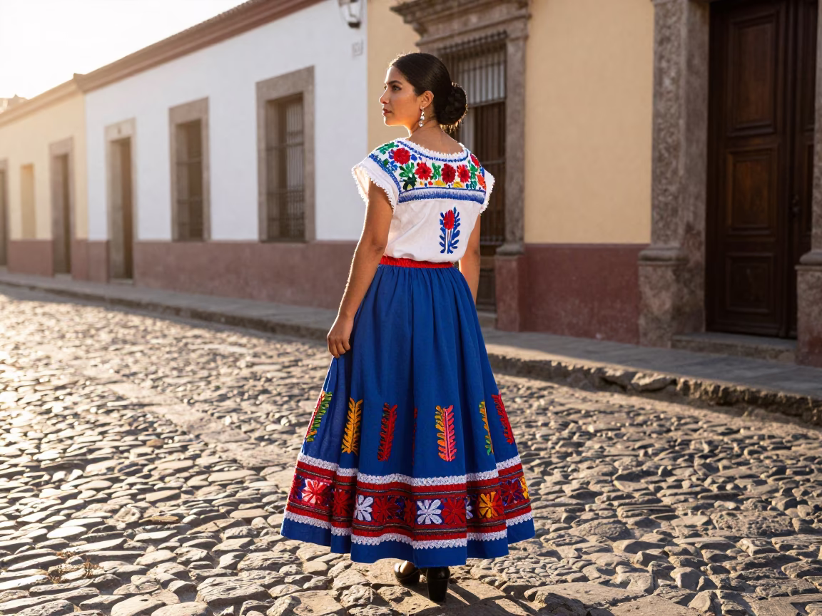 High Fashion Portrait of Oaxaca Woman in Vibrant Traditional Textiles at Sunrise in in Oaxaca, Mexico