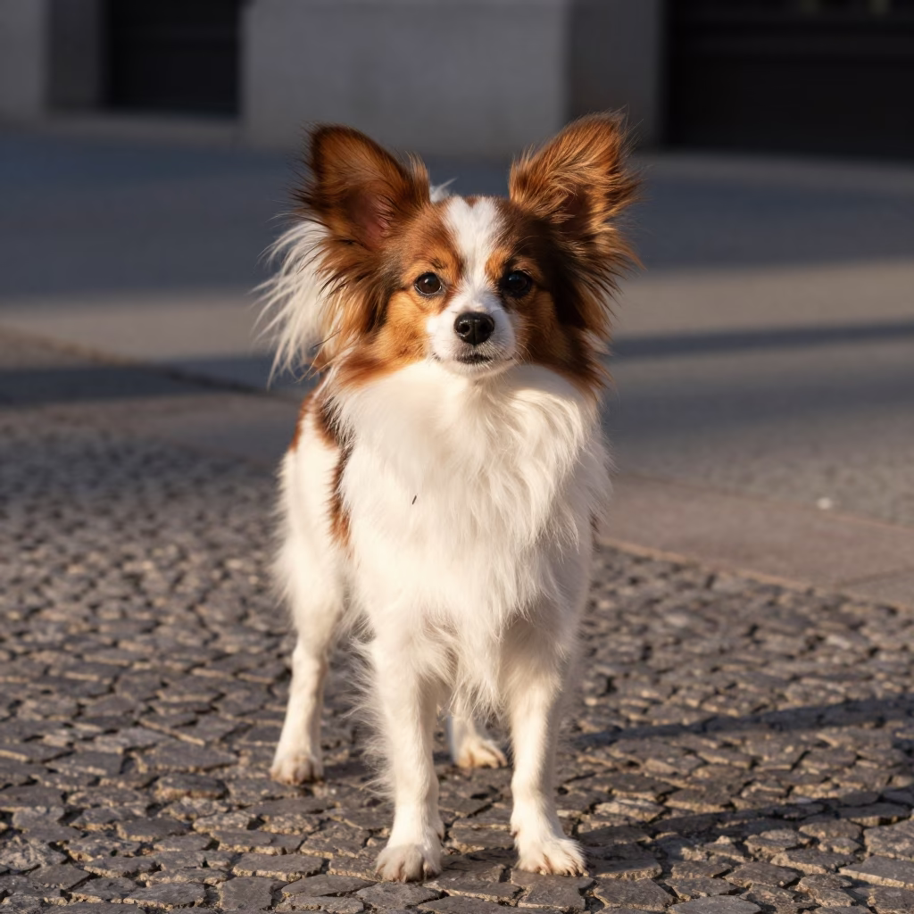 High Fashion Portrait of Papillon Dog in Buenos Aires Late Afternoon Sunlight in in Buenos Aires, Argentina