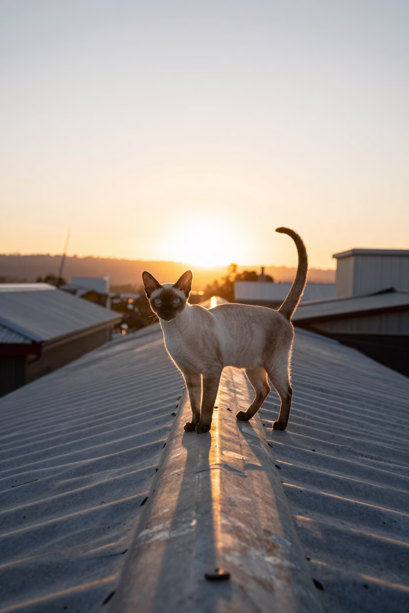 High Fashion Portrait of Peterbald Cat on Hobart Rooftops at Sunset in in Hobart, Tasmania, Australia