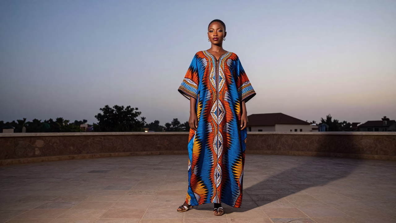 High Fashion Portrait of Senegalese Model in Traditional Kaftan Against Dakar Evening Skyline in in Dakar, Senegal