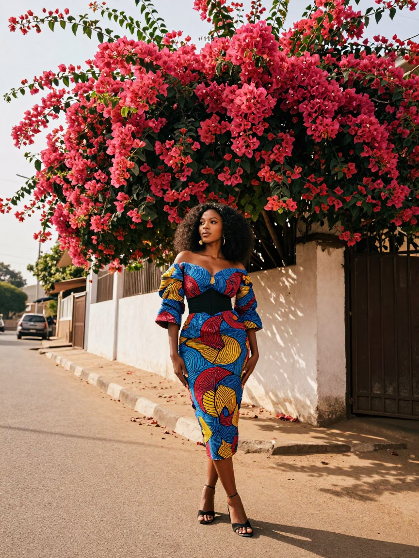 High Fashion Portrait of Stylish Woman in Accra with Bougainvillea and Glass Tumblers in in Accra, Ghana