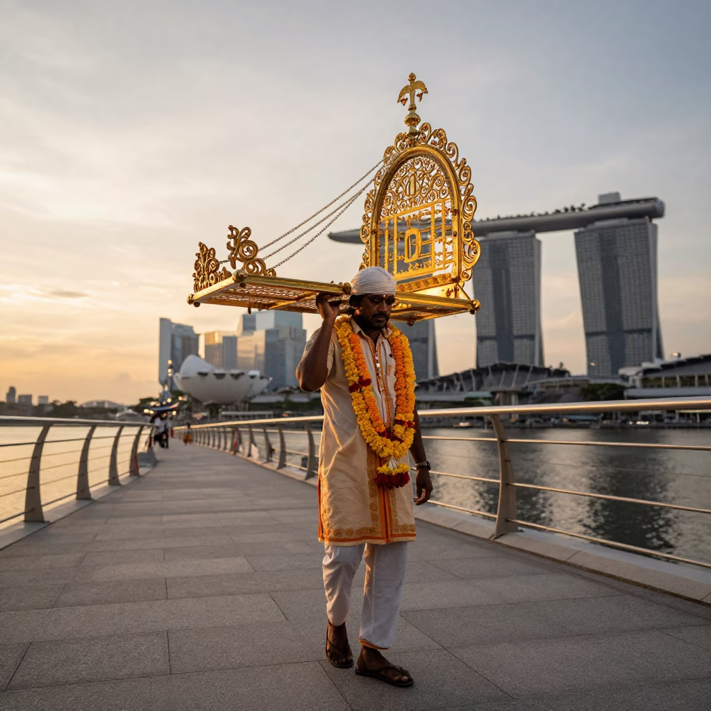 High Fashion Portrait of Thaipusam Devotee with Kavadi Against Singapore Sunset Skyline in in Singapore, Singapore