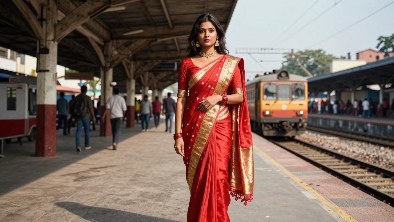 High Fashion Portrait of Woman in Traditional Saree and Apron at Kolkata Railway Station in in Kolkata, India