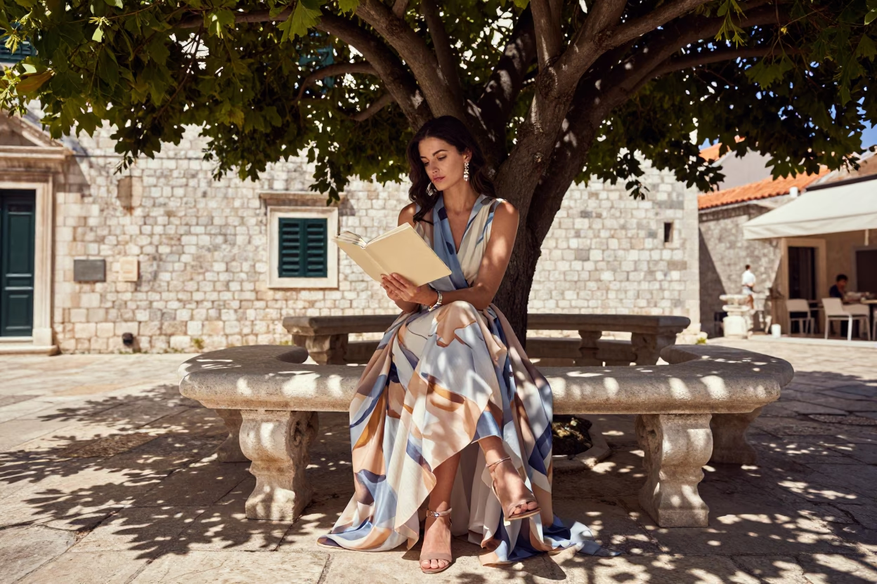High Fashion Portrait of Woman Reading Under Tree in Dubrovnik Late Morning Light in in Dubrovnik, Croatia