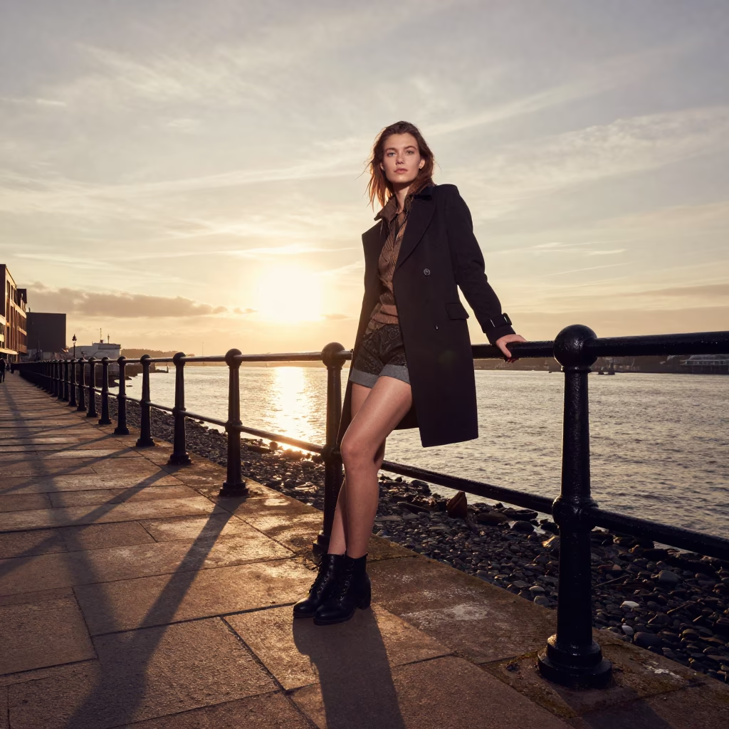 High Fashion Portrait on Bristol Harbour Stair Rail at Sunset in in Bristol, United Kingdom