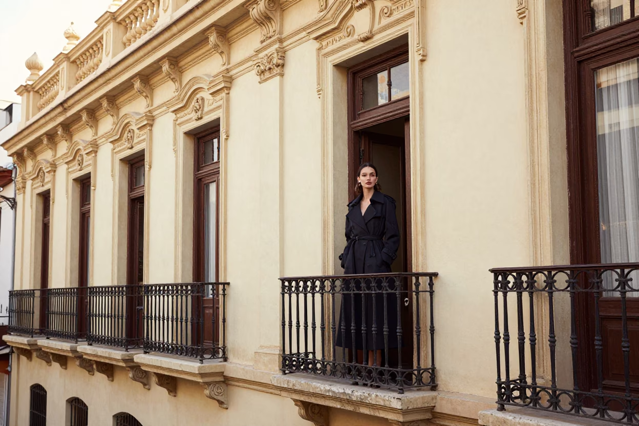 High Fashion Portrait on Buenos Aires Balcony with Colonial Architecture and Urban Street Life in in Buenos Aires, Argentina