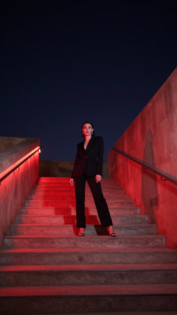 High Fashion Portrait Under Deep Night Sky in Amman Jordan with University Observatory Stairwell in in Amman, Jordan