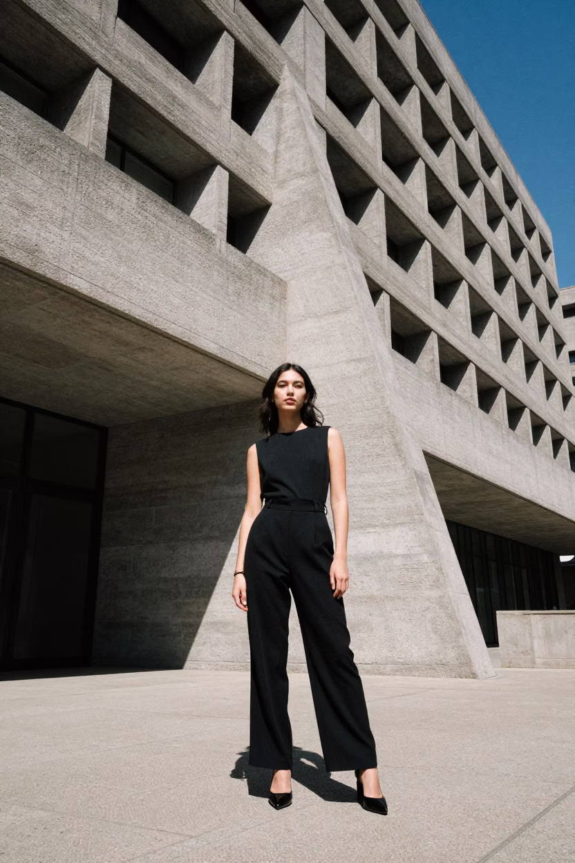 High Fashion Portrait Under Noon Glare at Bilbao Brutalist University Building in in Bilbao, Spain