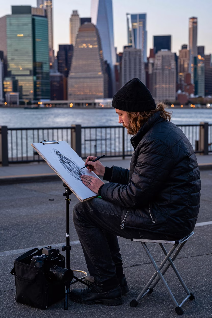 High Fashion Street Portrait Artist Sketching in New York at Nautical Dawn in in New York, New York, United States