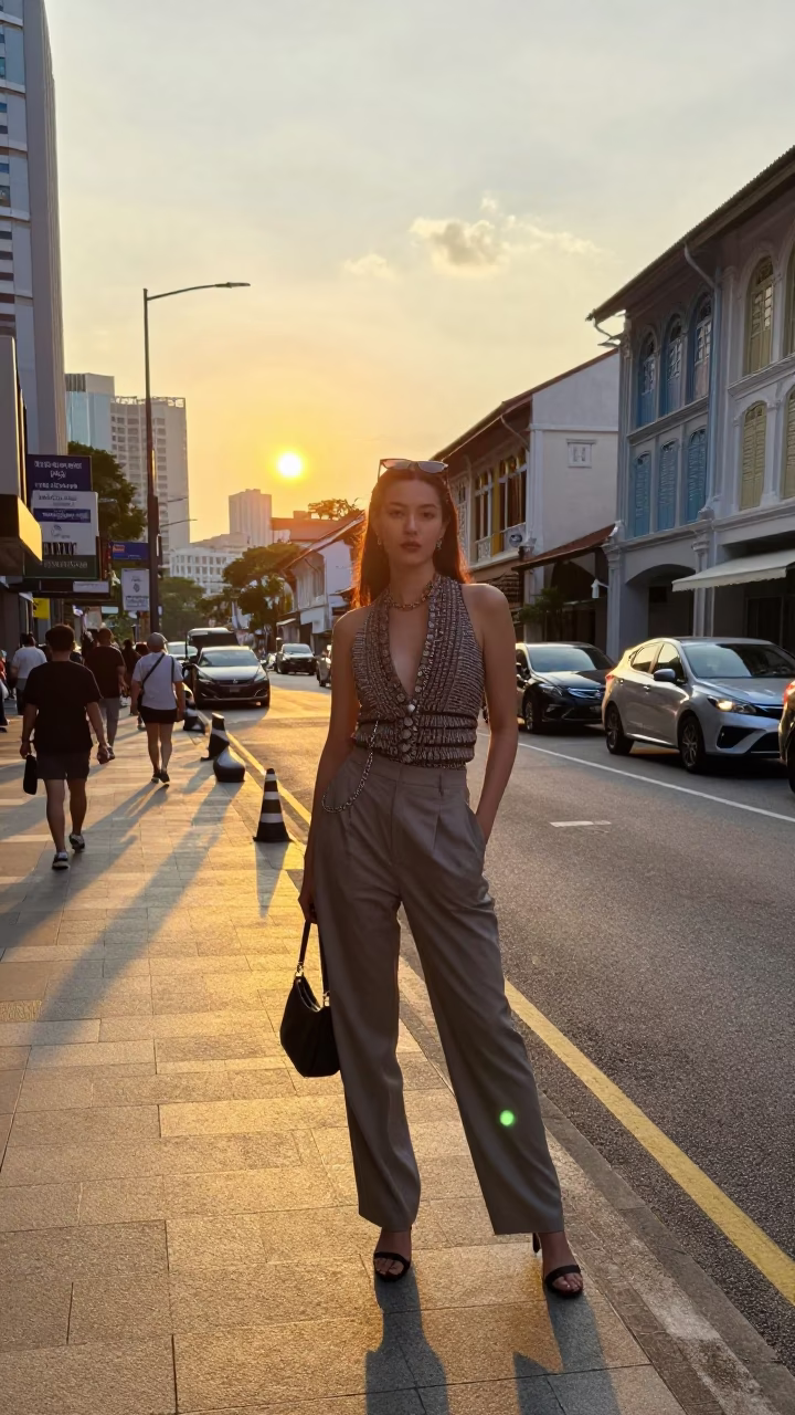 High Fashion Street Portrait in Singapore at Sunset with Urban Background in in Singapore, Singapore
