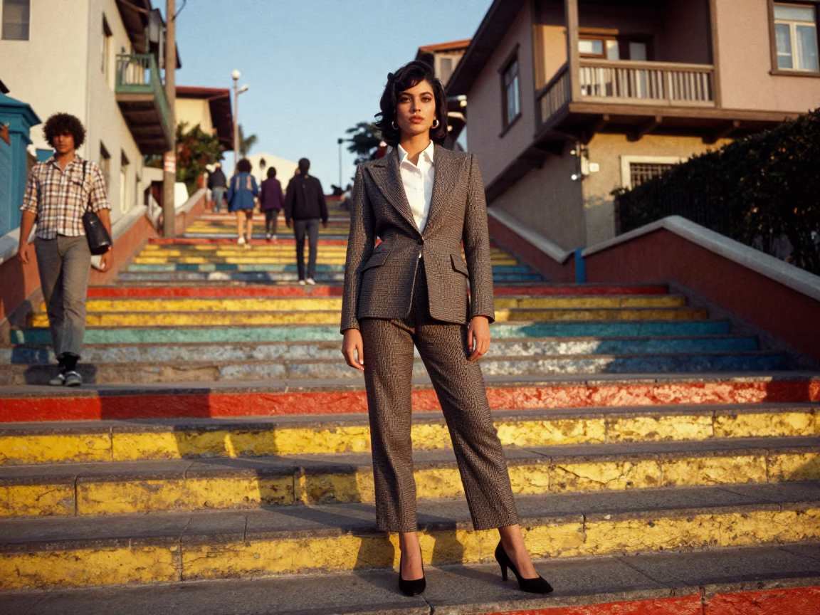 High Fashion Street Portrait in Valparaiso Chile Late Afternoon with Parson Russell Terrier in in Valparaiso, Chile