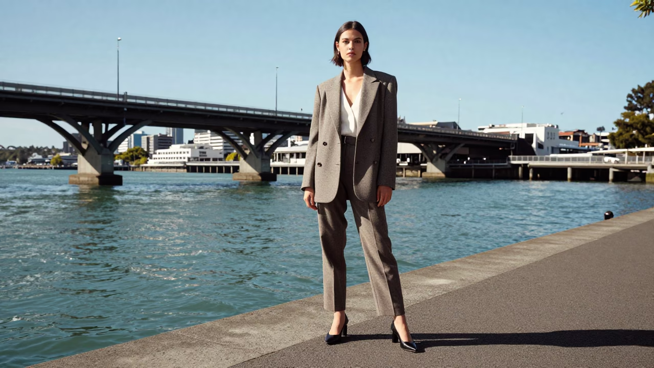 High Fashion Street Style in Auckland Midmorning Light Near Viaduct Harbour in in Auckland, New Zealand