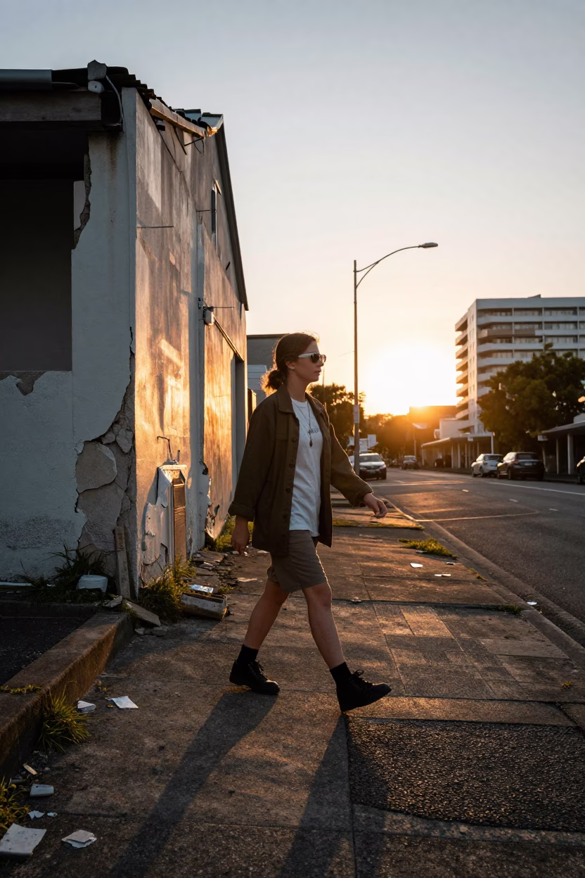 High Fashion Street Style in Auckland Sunset with Crumbling Weather Station Details in in Auckland, New Zealand