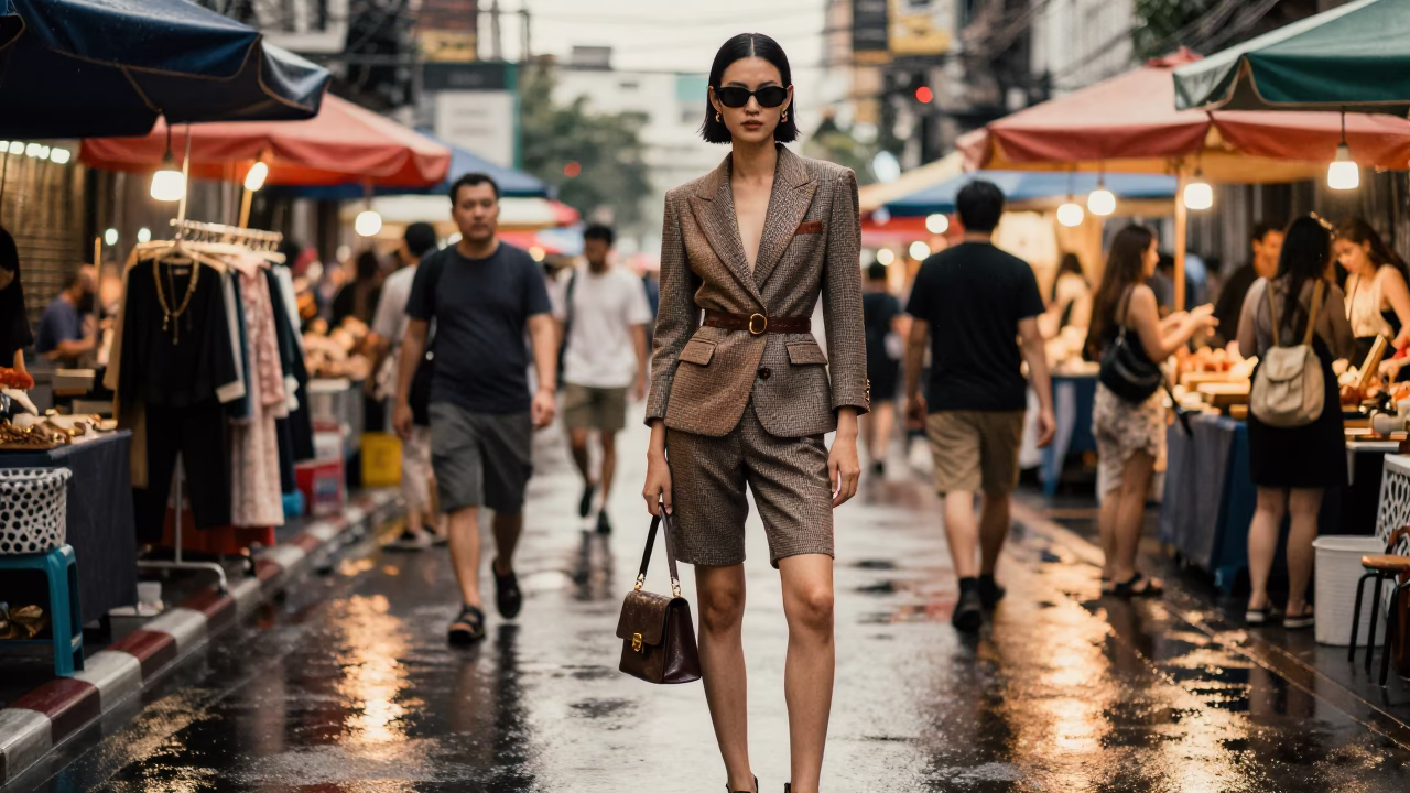 High Fashion Street Style in Bangkok Thailand Early Evening Market Scene in in Bangkok, Thailand
