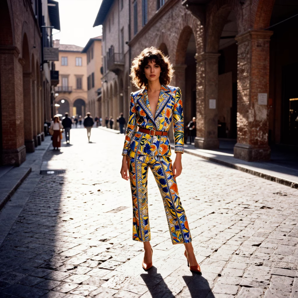 High Fashion Street Style in Bologna Early Afternoon Vintage Majolica Plate Detail in in Bologna, Italy
