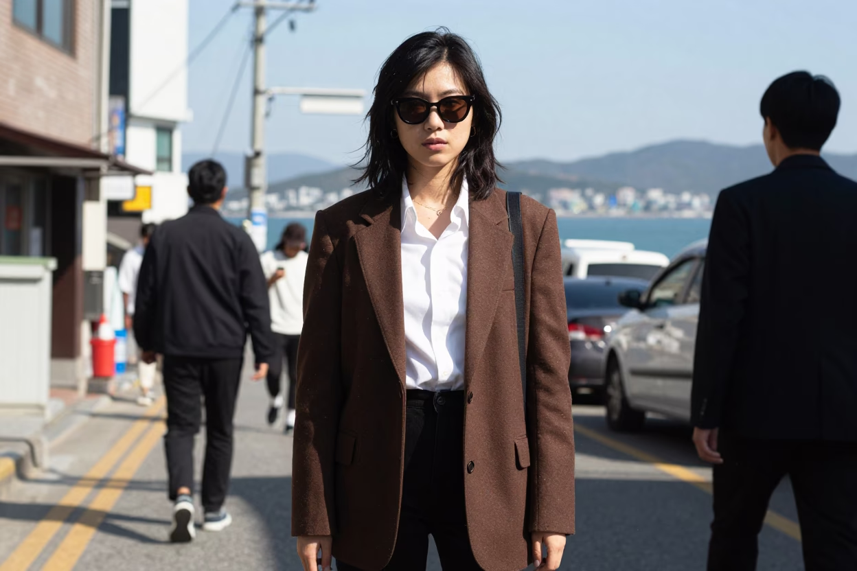 High Fashion Street Style in Busan Under Flat Noon Glare with Local Market Details in in Busan, South Korea