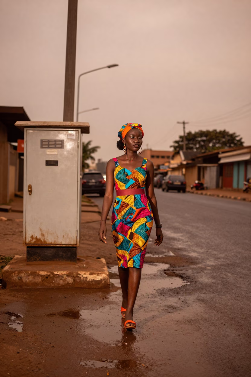High Fashion Street Style in Copper Light Accra Ghana Dusk Scene in in Accra, Ghana
