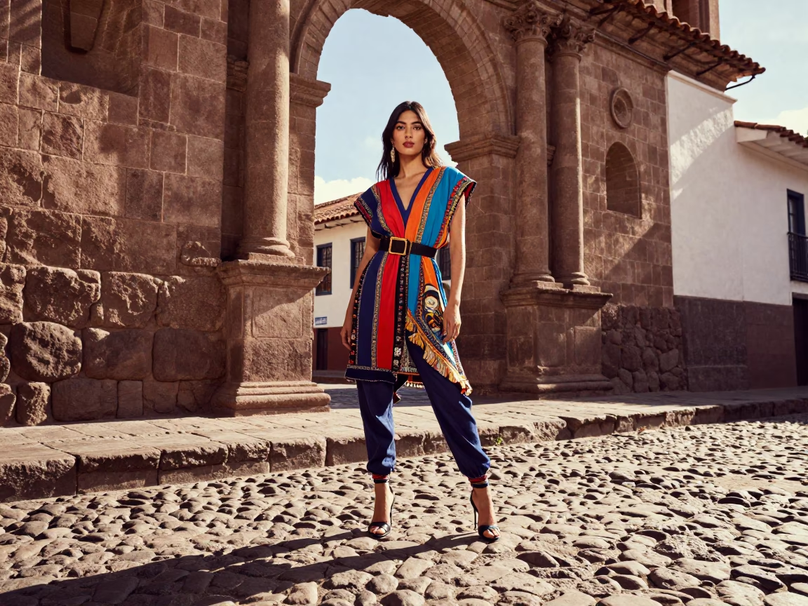 High Fashion Street Style in Cusco Peru Late Afternoon Light Cobblestone Plaza in in Cusco, Peru